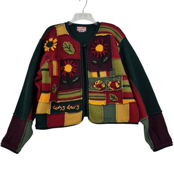 April Cornell Wool Cardigan Sweater Size ML Green Multi Patchwork Floral Vintage - Picture 1 of 10